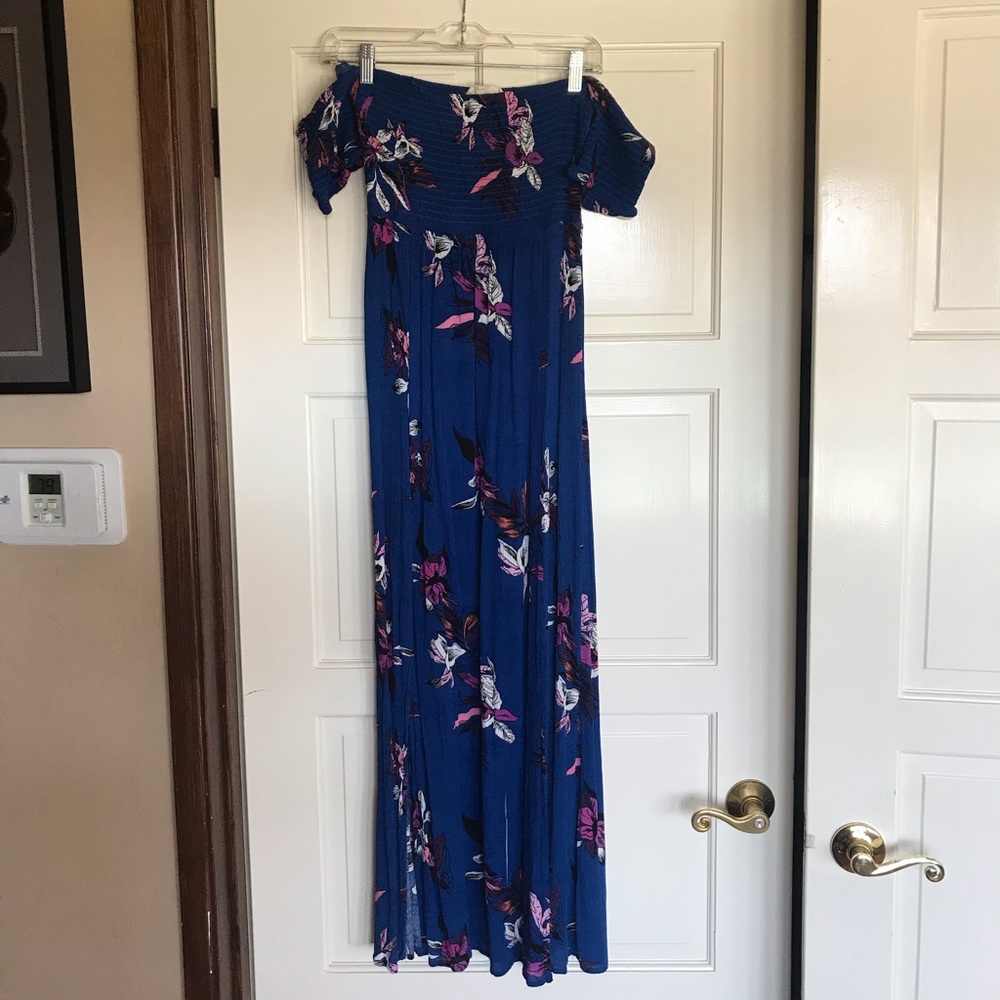 Blue floral off the shoulder dress